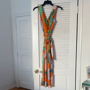 Lafayette 148 New York Tangerine Hydrangea V-Neck Dress